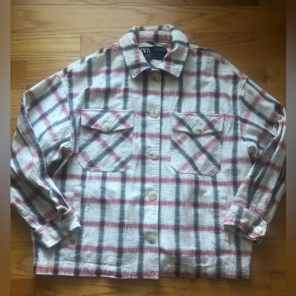 Zara Cream Red Black Plaid Overshirt Shacket Jacket - Picture 3 of 7